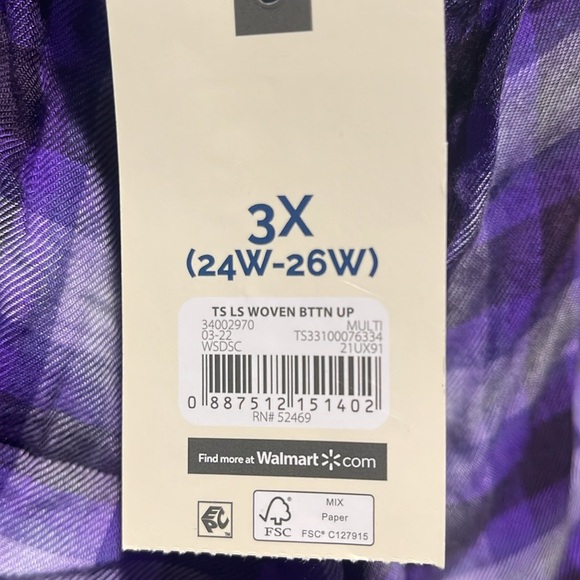 NWT Terra & Sky 3x Button Down Long Sleeve Purple Plaid Shirt - Picture 2 of 7